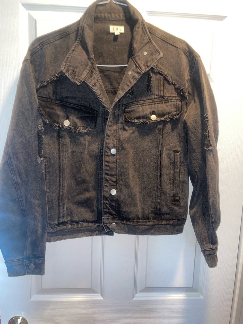 POL women's Distressed Charcoal Black Denim Jacket